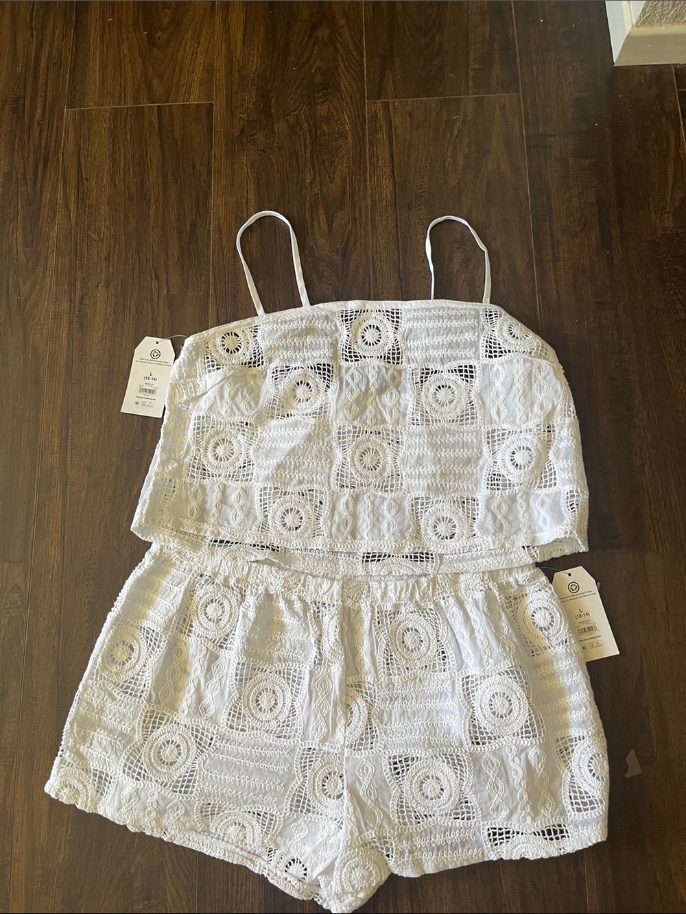 Time and Tru White Crochet Swim Coverup Romper